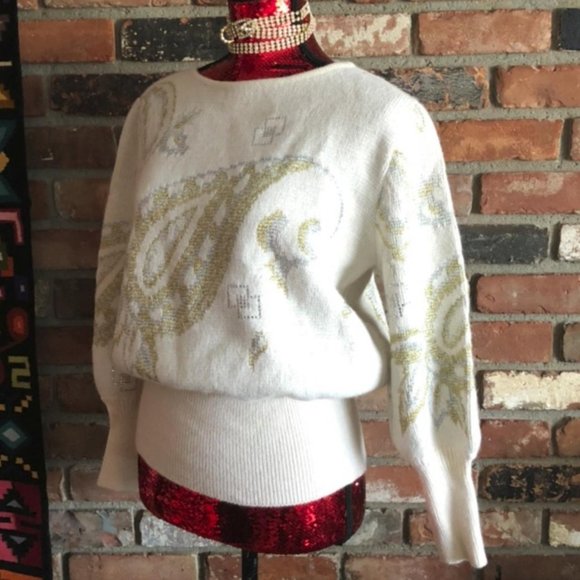 VINTAGE MONDI 80s KNIT SWEATER GOLD & SILVER METALLIC STITCHING RHINESTONES S - Picture 4 of 4